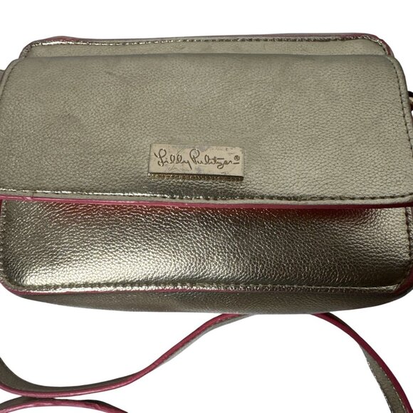 Lilly Pulitzer Metallic Gold Crossbody Bag With Pink Trim - Picture 2 of 16